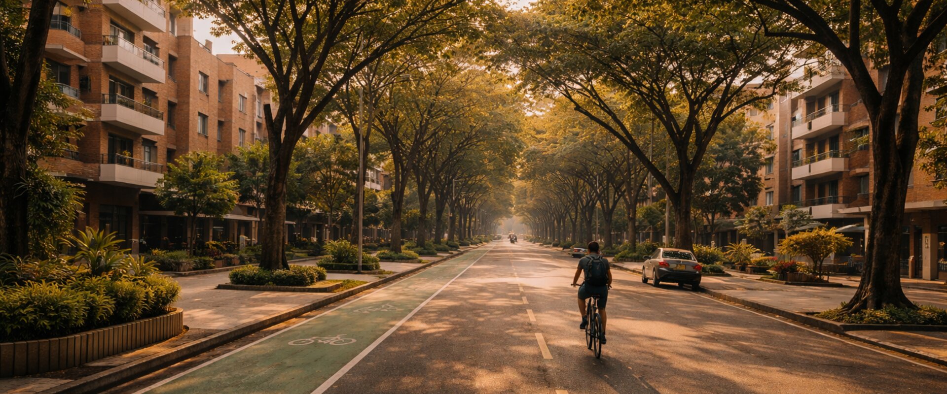Flat tree-lined avenue with bike lane in Laureles, Medellín